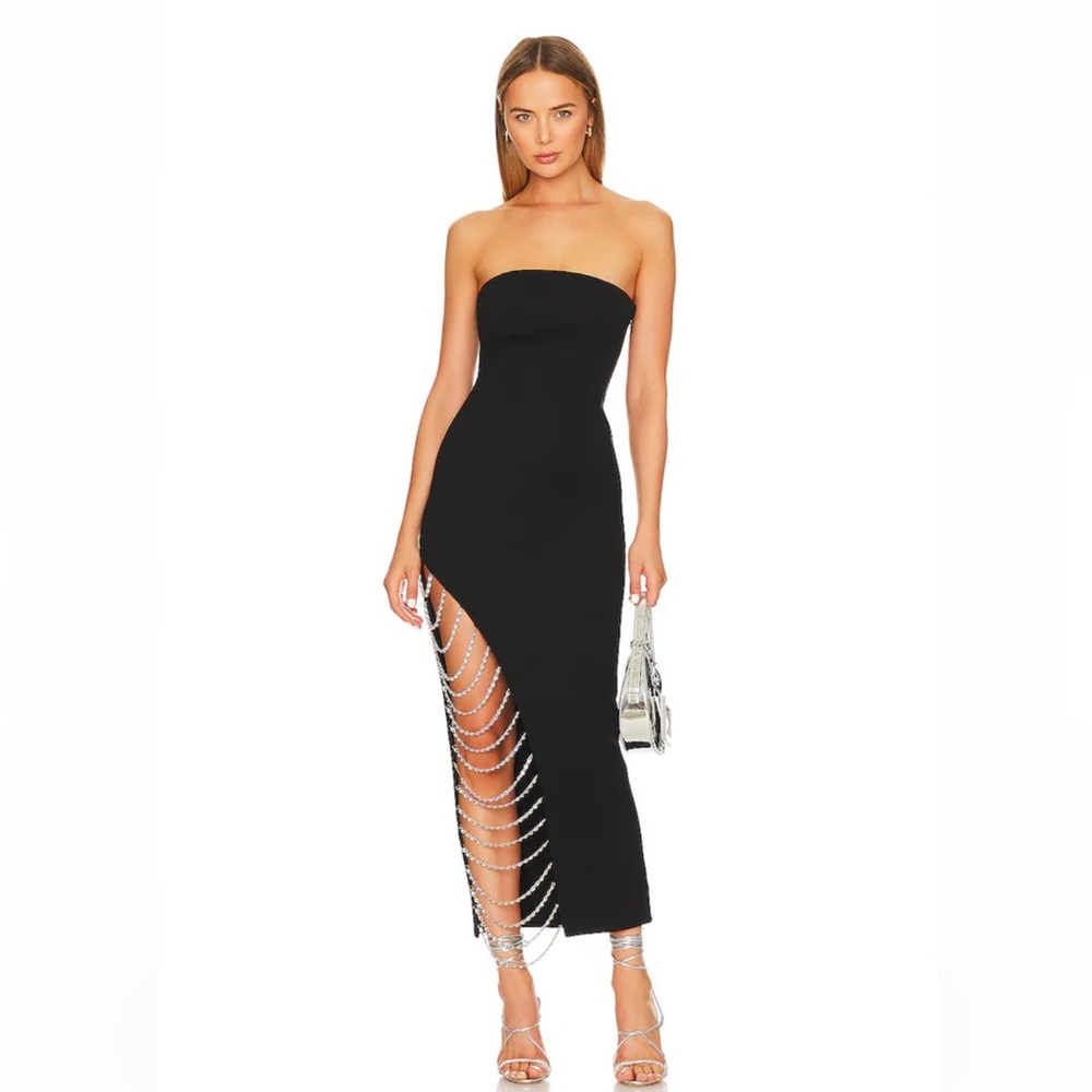 NBD Strapless Black Maxi Dress with Draped Chain Side Detail